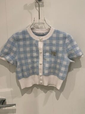Alexander Wang Blue & White Checkered Terry Towel Cropped Button Up Top - Small